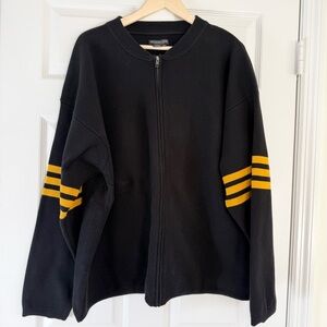 Y2K J. Peterman Black and Gold Varsity Zip Front Sweater Cardigan XXL